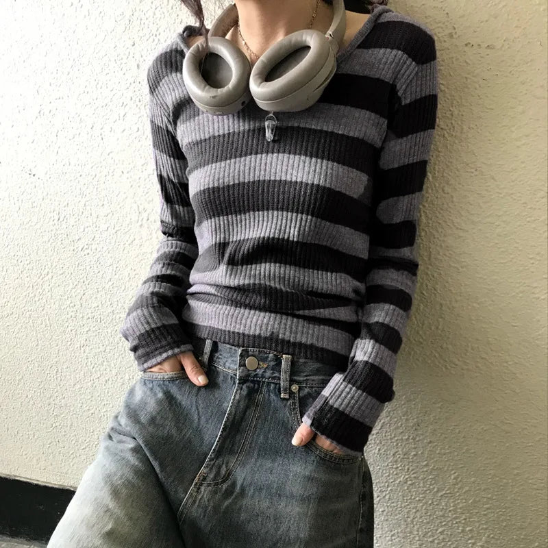 Harajuku Stripe Hooded Slim Contrast Color Long Sleeve Knit Top