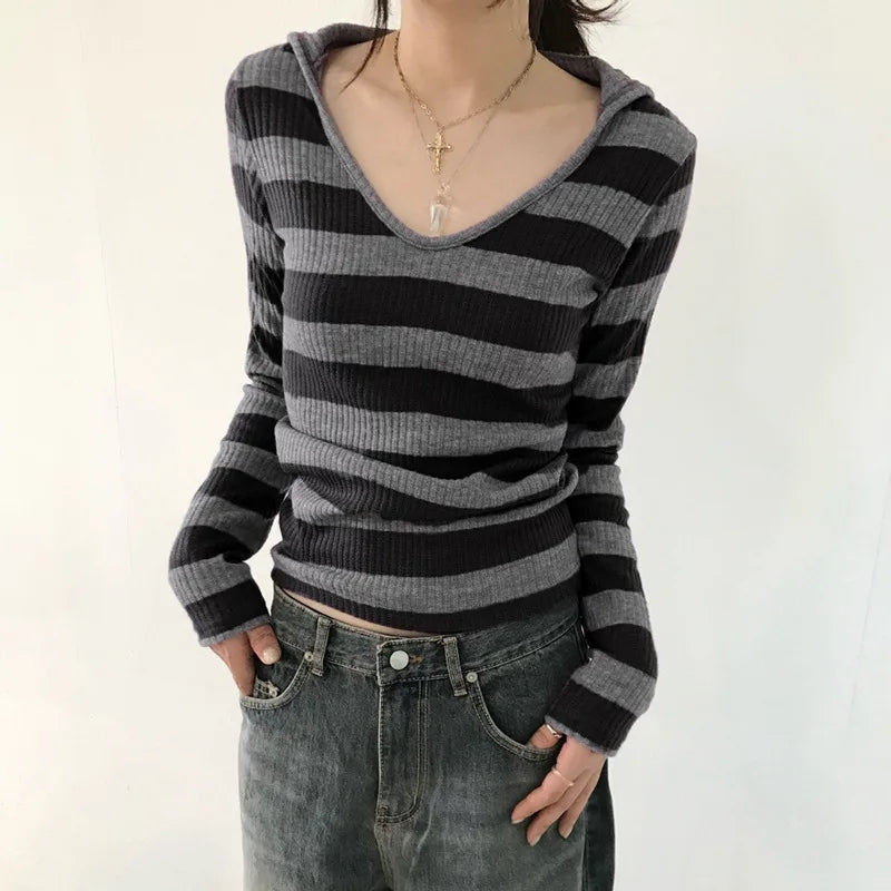 Harajuku Stripe Hooded Slim Contrast Color Long Sleeve Knit Top