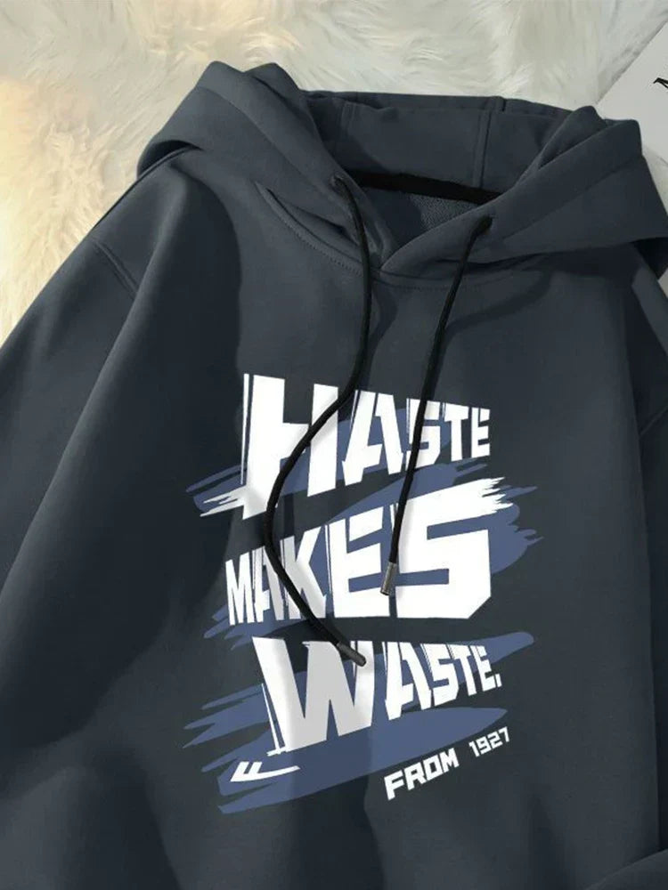 Haste Makes Waste Letter Hoodie Dark Grey / M(40-50KG)