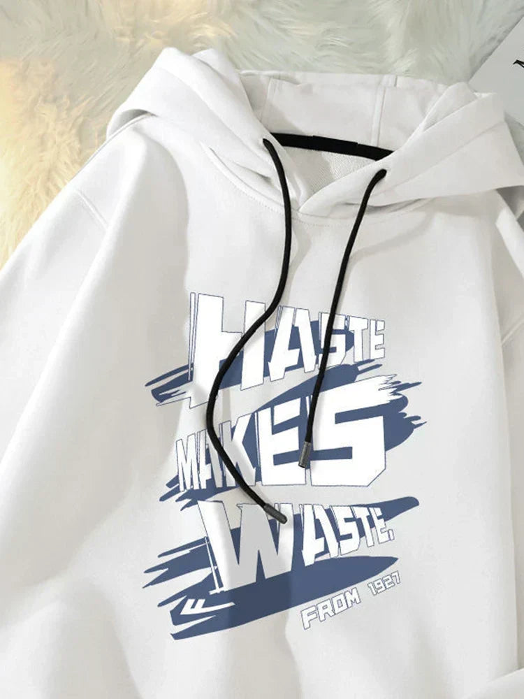 Haste Makes Waste Letter Hoodie WHITE / M(40-50KG)