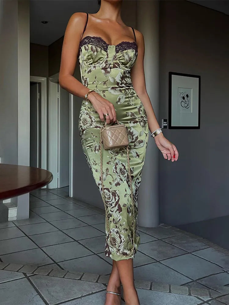 Floral Print Strapless Lace Trim Bustier Bodycon Midi Dress - View 4