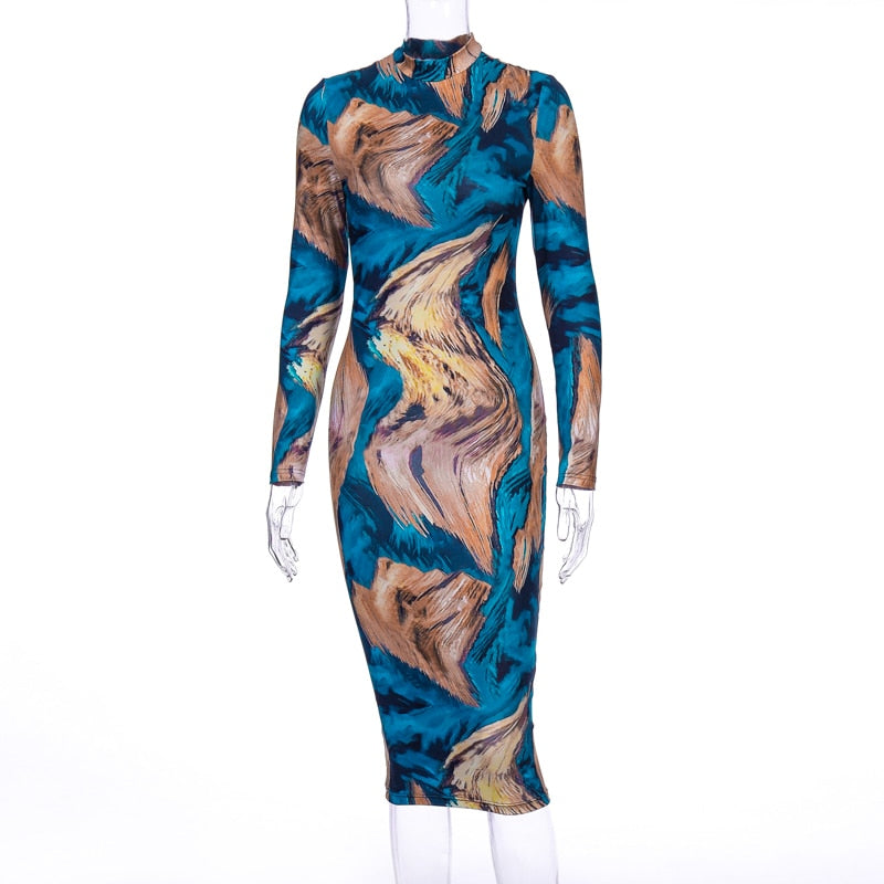 Abstract Print High Neck Long Sleeve Bodycon Dress