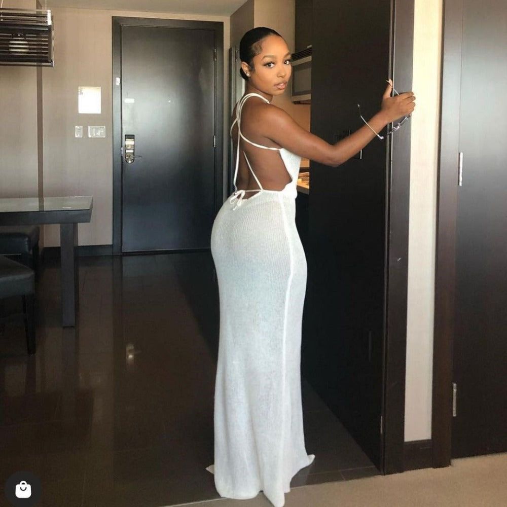 Open Knit Crochet One Shoulder Sash Cut Out High Split Midi Dress - View 6