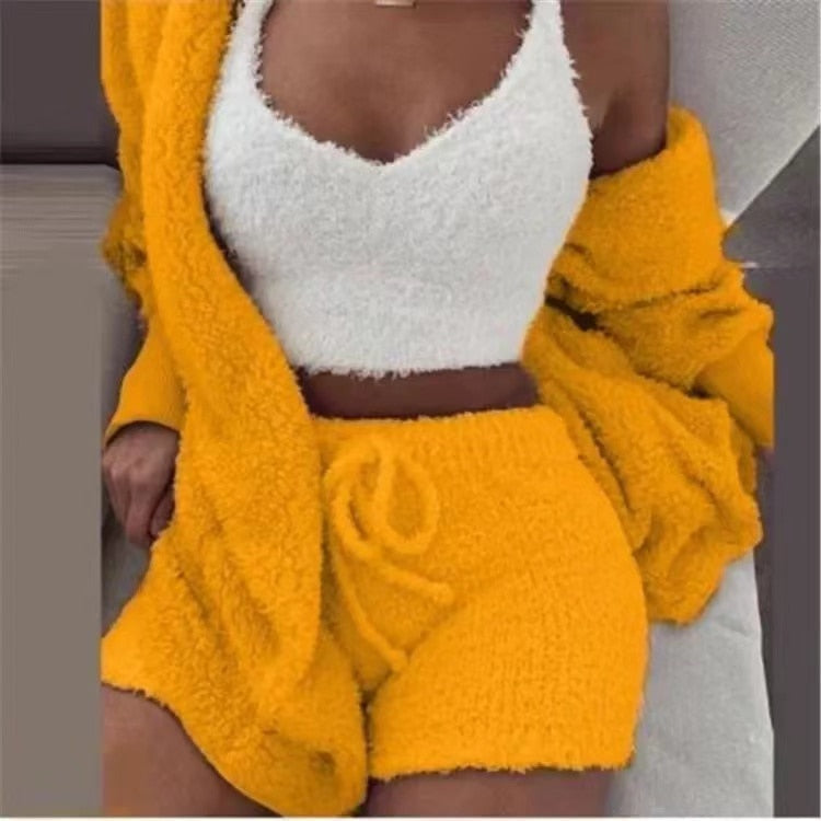Sexy Fluffy Autumn Piece Sweatshirt Backless Plush Home Sports Women Pyjamas Wear Winter Fleece