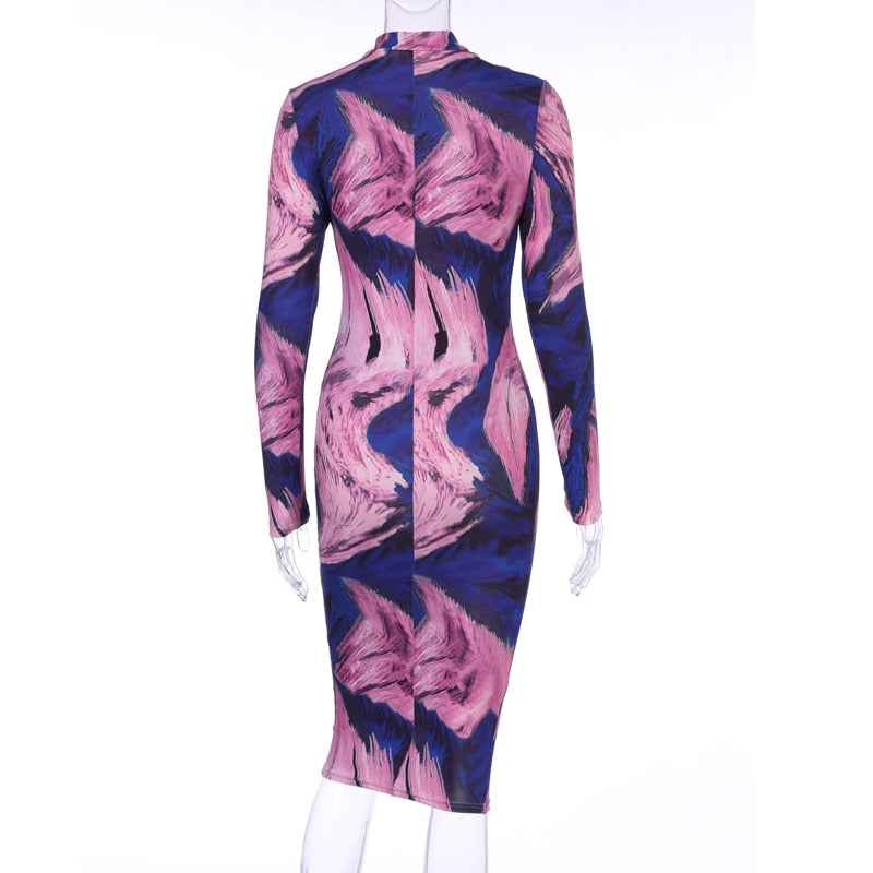 Abstract Print High Neck Long Sleeve Bodycon Dress