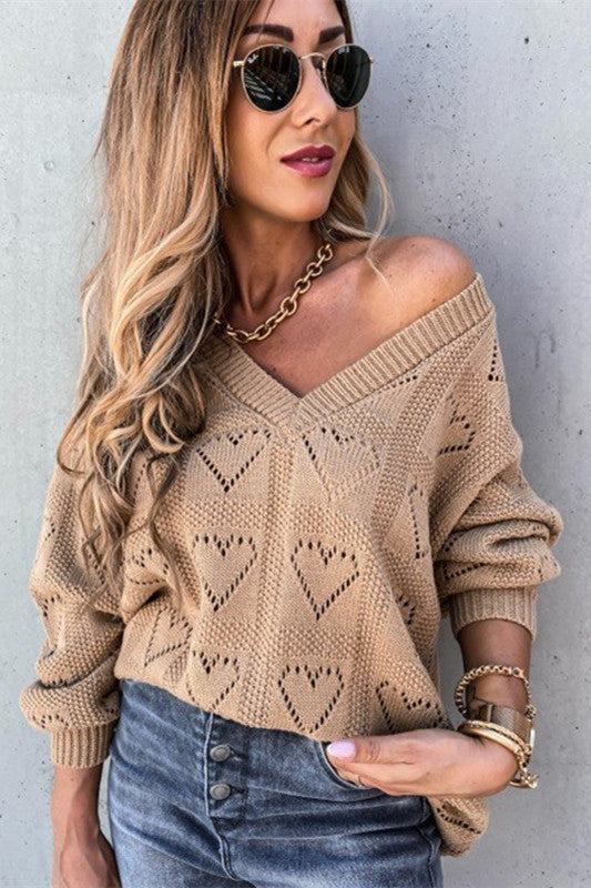 RadyRin Hollow-Out V Neck Long Sleeve Knit Sweater