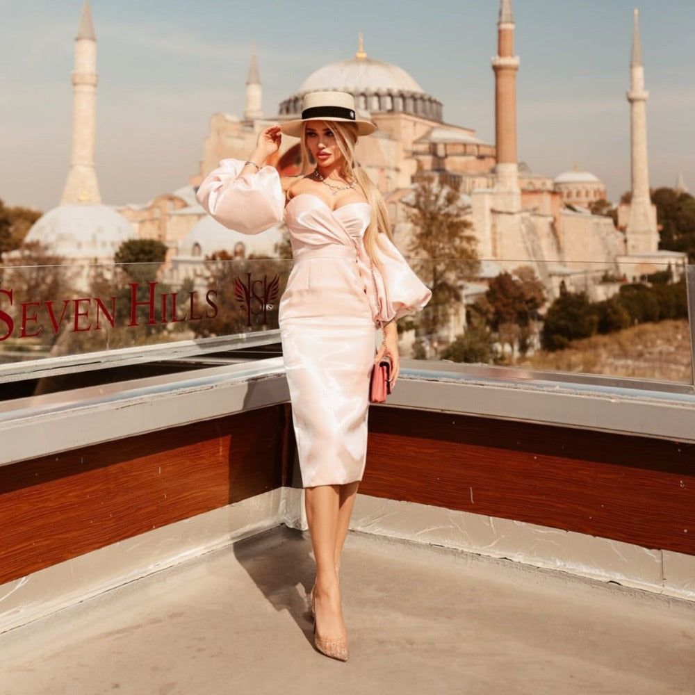 Smiley Puff Sleeve Satin Midi Dress - View 5