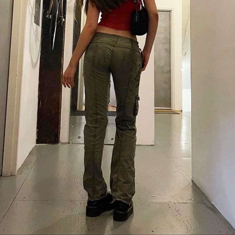 KittenAlarm - Mojoyce Retro Grunge Cargo Denim Jeans Streetwear Korean Vintage 90s Low Waist Trousers Aesthetic 90s Straight Pants Cuteandpsycho