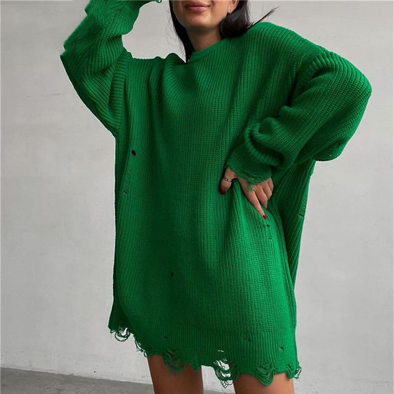 Ripped O Neck Oversized Sweater Dress for Effortless Style