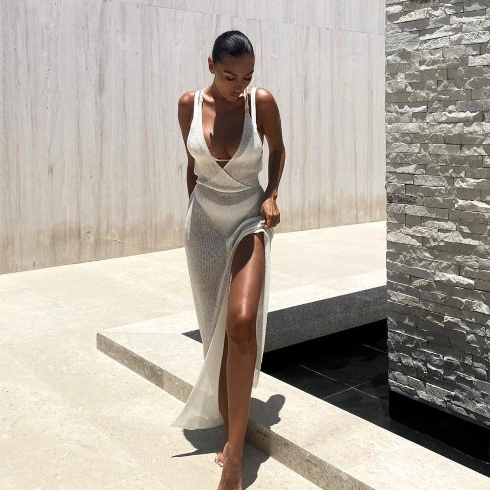 Open Knit Crochet One Shoulder Sash Cut Out High Split Midi Dress - View 2