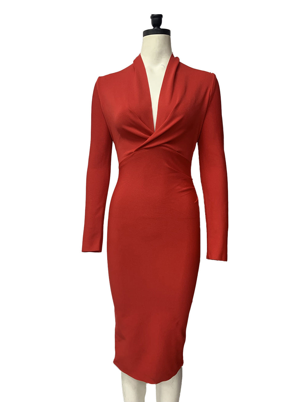 Plunge V-Neck Long Sleeve Ruched Bodycon Midi Dress