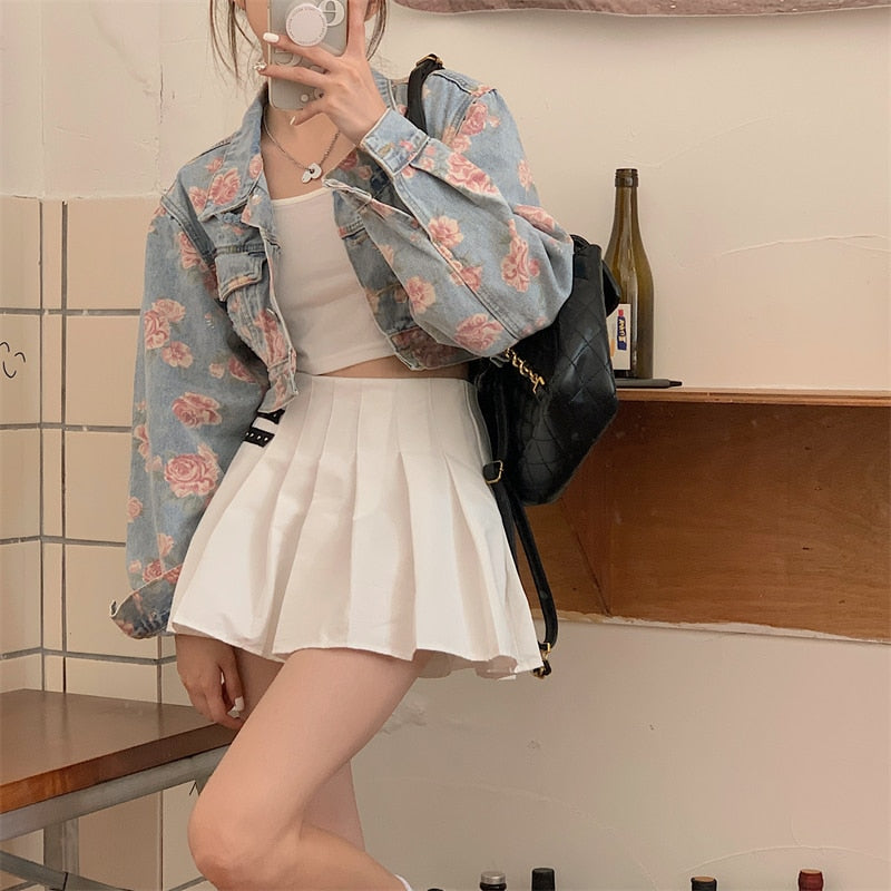 - Rose Pattern Loose Short Jeans Jacket