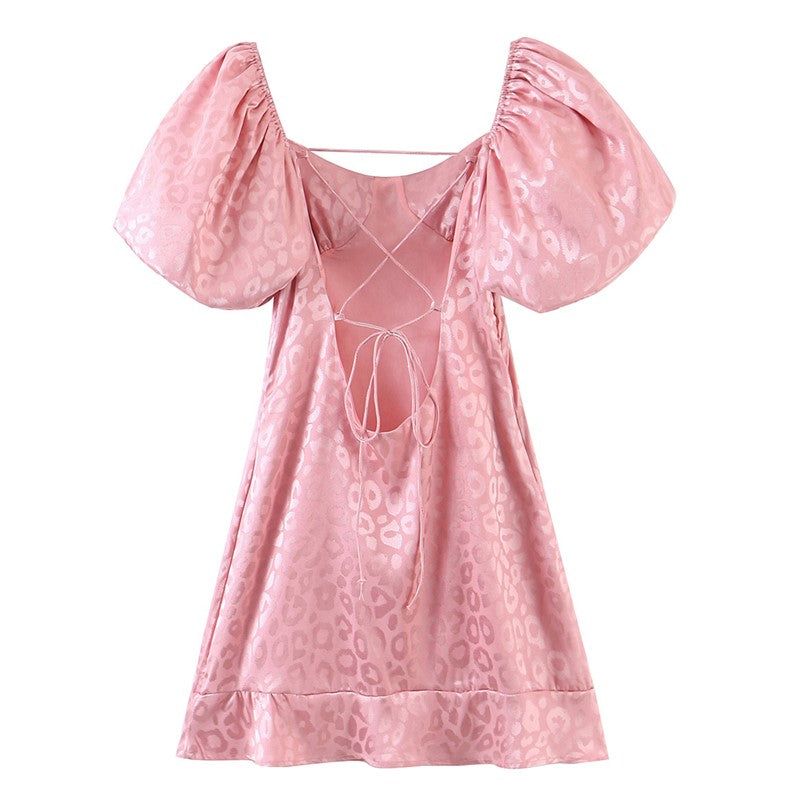 Leopard Jacquard Puff Sleeve Lace Up Back Mini Dress 4