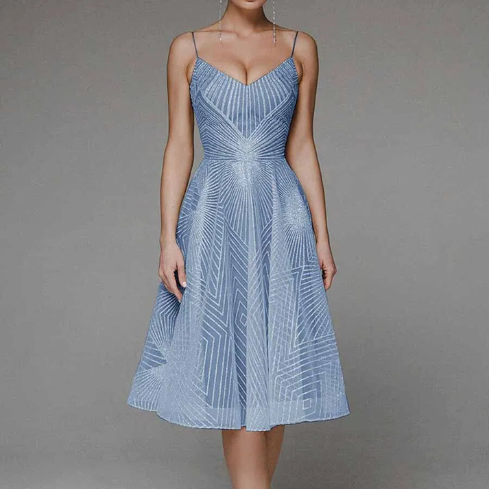 Sequin Spaghetti Strap Deep V-Neck Fit and Flare Midi Dress - View 4