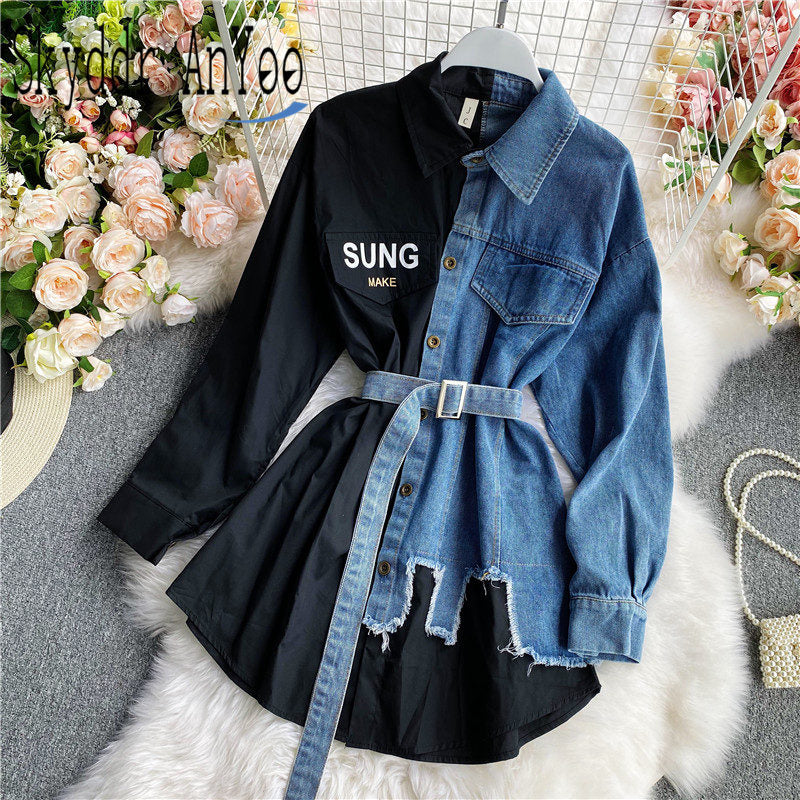 Women's Blouse Autumn Long Sleeve Shirt Tops Jeans Patchwork Plaid Blouses Elegantes Blusas para mujer Slim Shirt Dress - Fashionpara