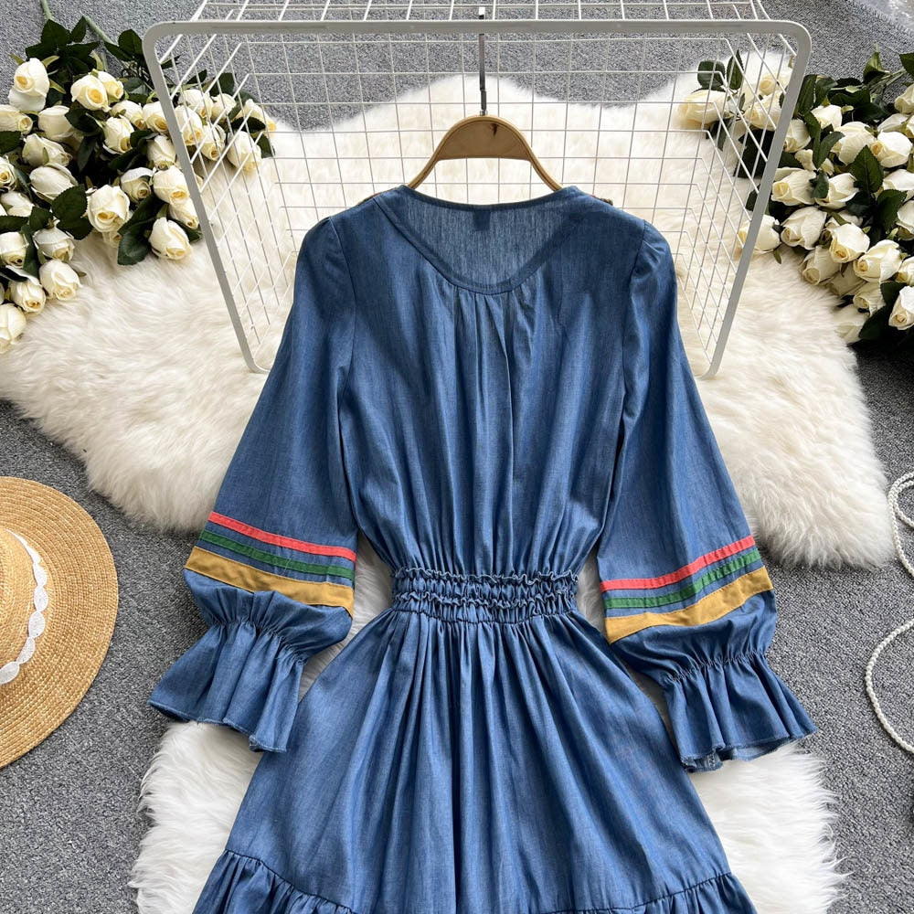 Embroidered Round Neck Long Sleeve Tiered Midi Dress
