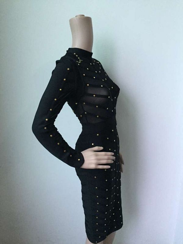 Studded Sheer Mesh Crew Neck Long Sleeve Bodycon Dress 11