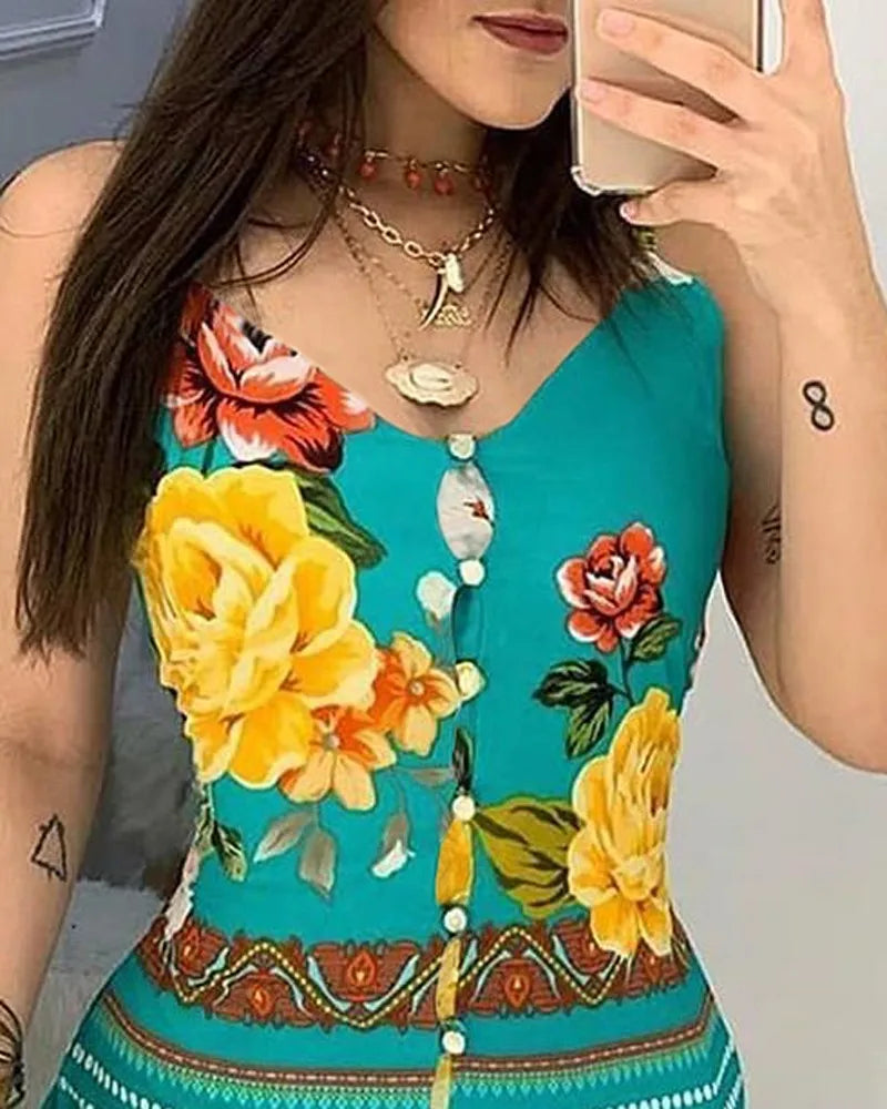 V-neck Buttoned Design Floral Print Dress