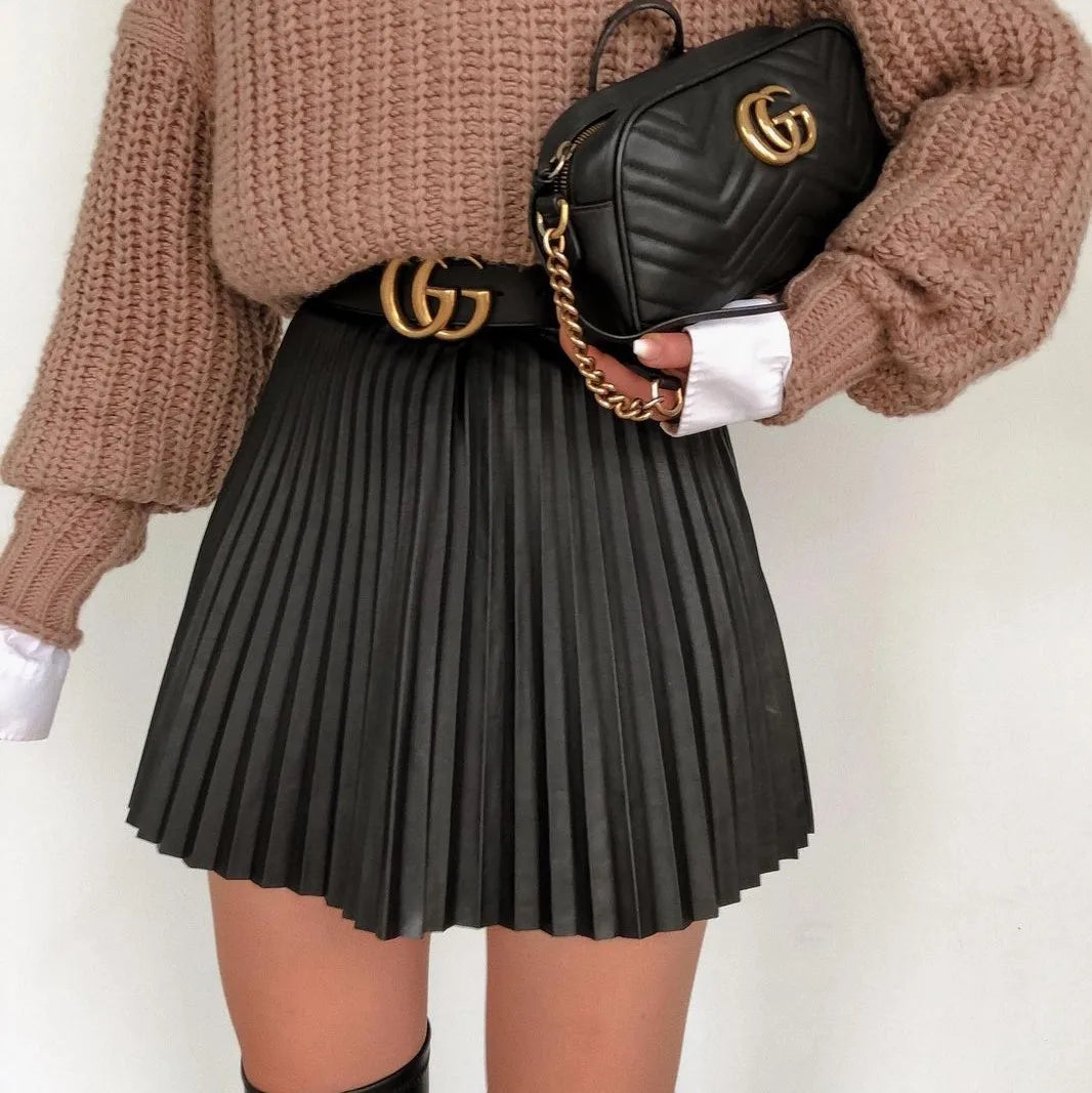 High Waist Pleated Faux Leather Skirt