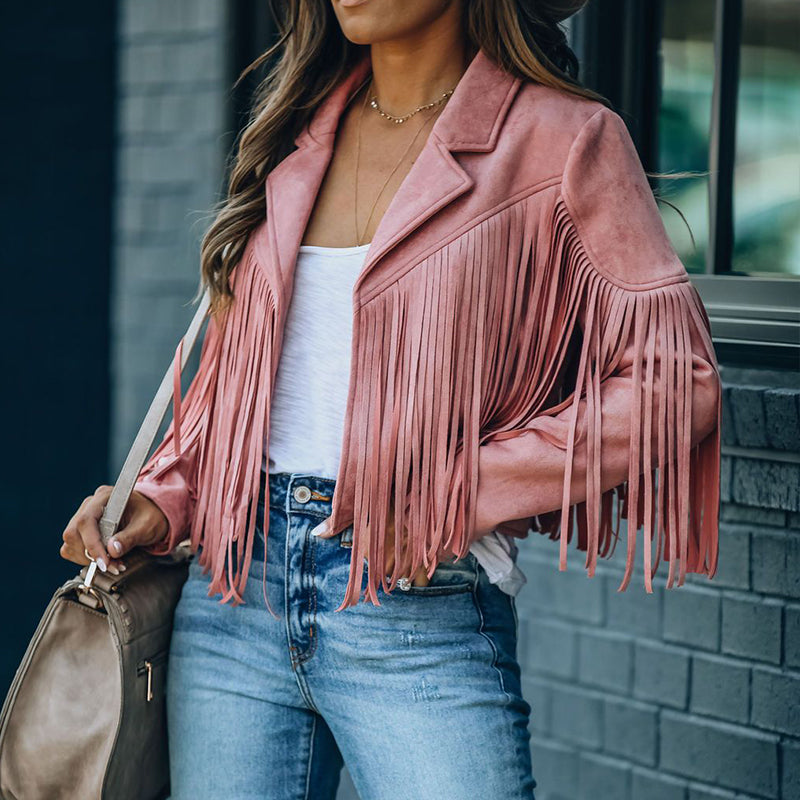 Fringe Cropped Vintage Long Sleeve Jacket for Stylish Layers