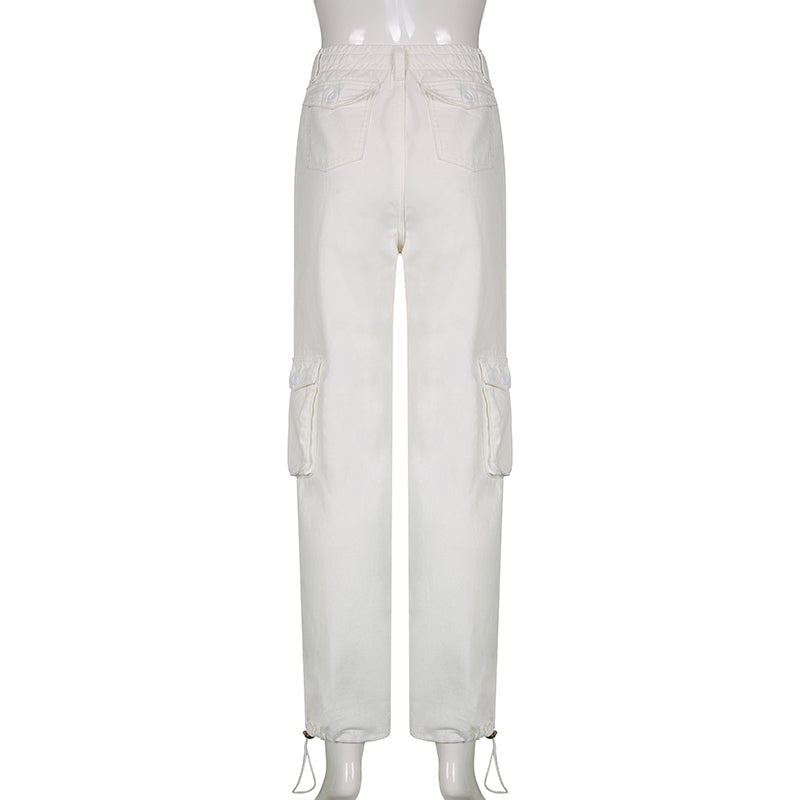 KittenAlarm - Women Spring Fashion Multi Pockets White Cargo Pants Women Adjustable Low Waist Baggy Wide Leg Jeans Oversized Casual Trousers Retro Bottoms Iamhotty