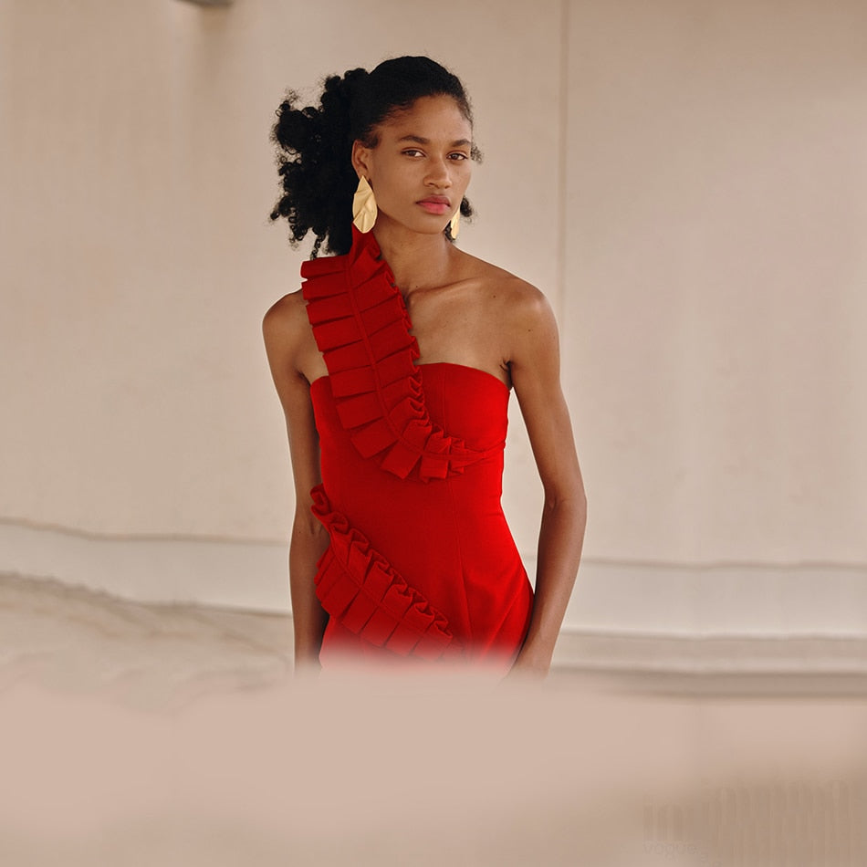 One Shoulder Ruffle Trim Bodycon Midi Dress