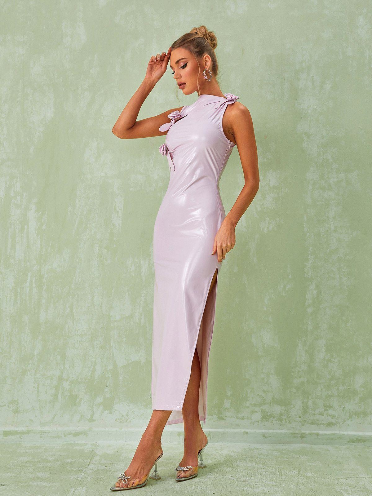 Latex One-Shoulder Rosette Cut-Out High-Slit Maxi Dress 4