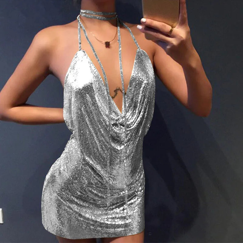 Sequin Halter Neck Cowl Neck Backless Bodycon Mini Dress