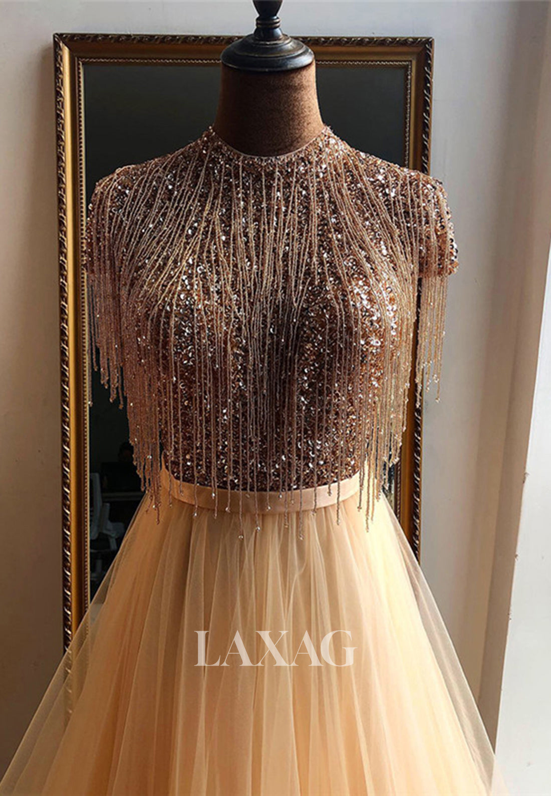 Unique High-Neck Cap-Sleeves Sequins Beaded Pleated Tulle A-Line Formal Evening Dress - Fashionpara