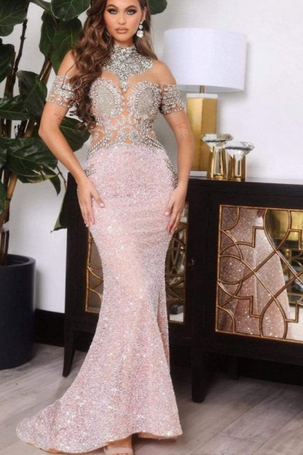 Mermaid High Neck Pink Half Sleeves Prom Dress with Appliques - Fashionpara