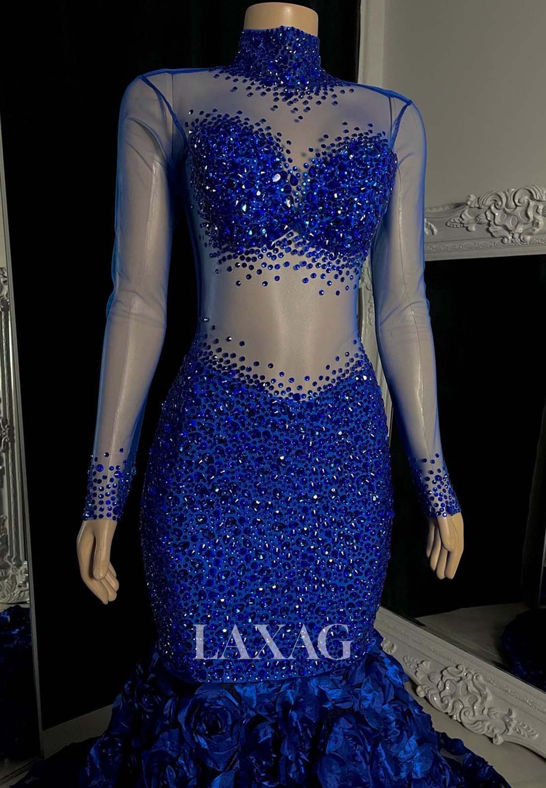 High-Neck Long Sleeves Beaded Sequined illusion Appliques Mermaid Prom Dress for Black Girl Slay