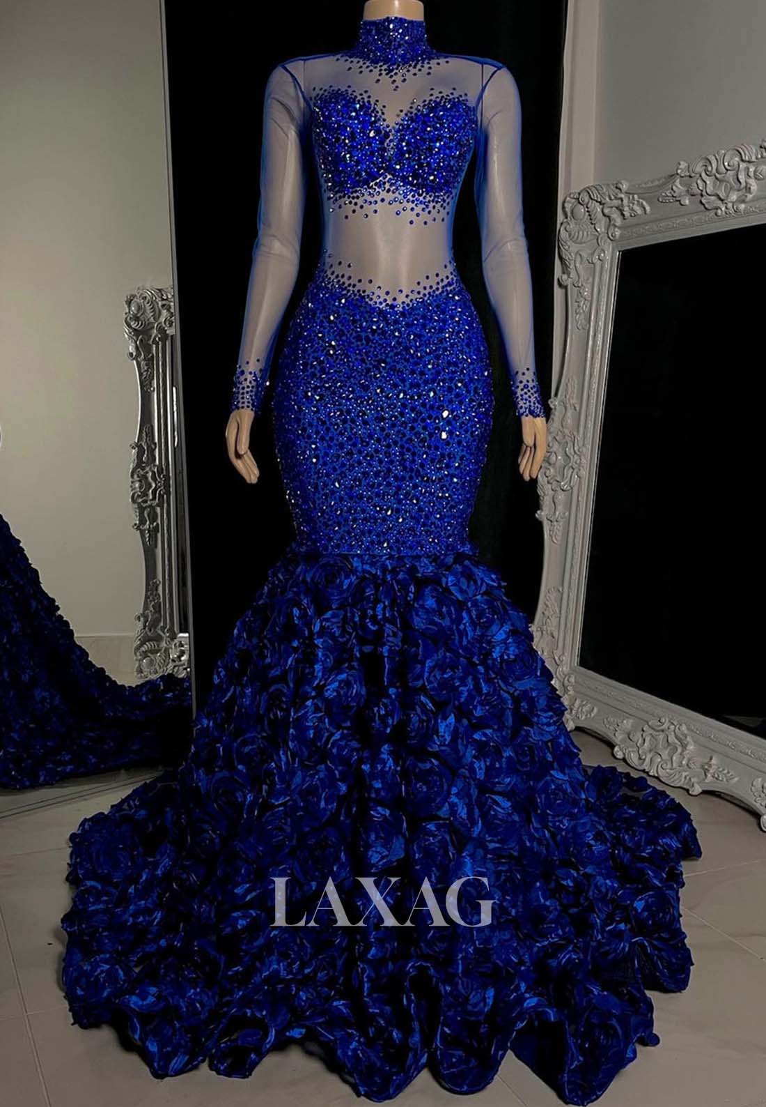 High-Neck Long Sleeves Beaded Sequined illusion Appliques Mermaid Prom Dress for Black Girl Slay