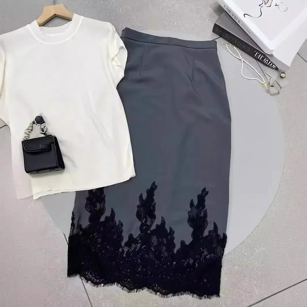 High-Quality Skirt with Lace Unique Design for Office Ladies