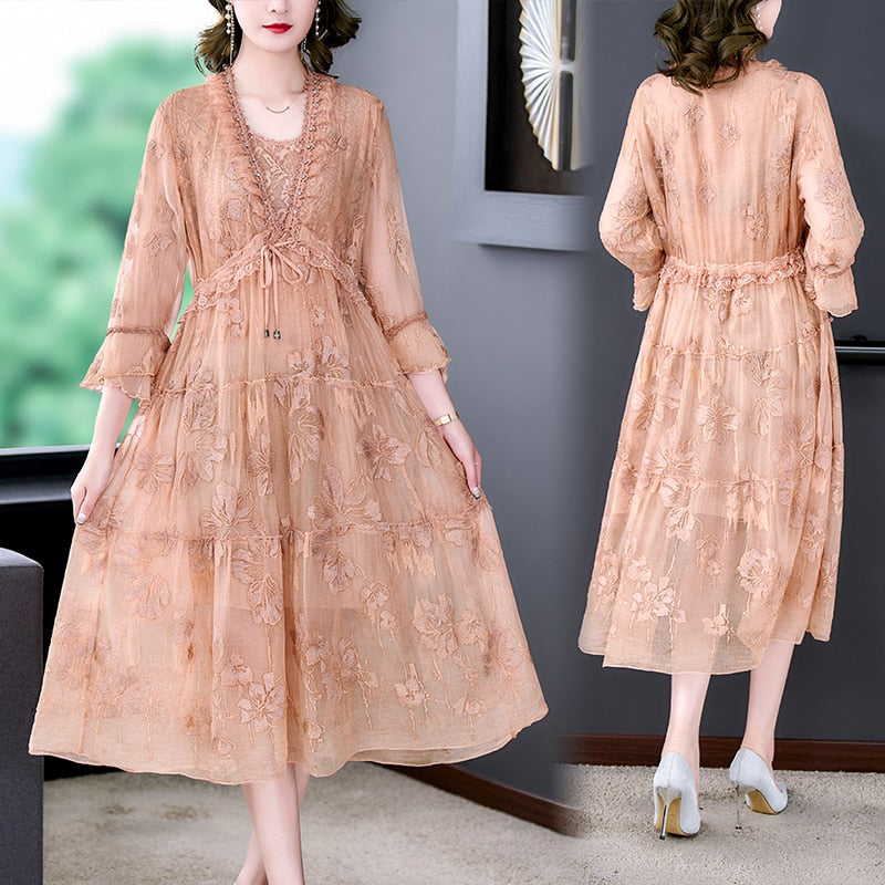 Silk Floral Embroidered Loose Midi Dress - View 4