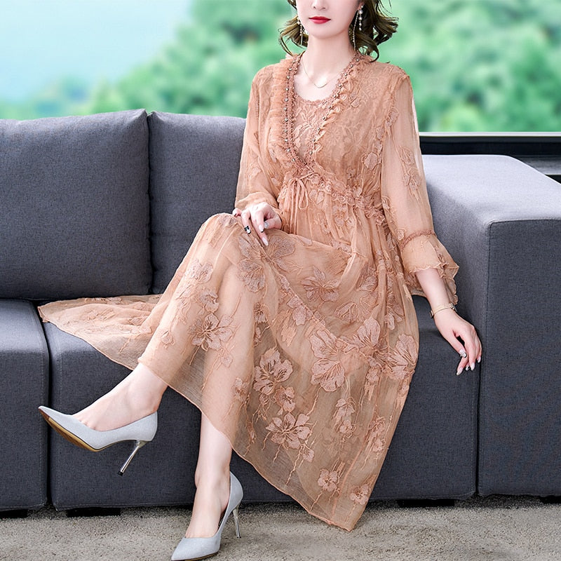 Silk Floral Embroidered Loose Midi Dress - View 3