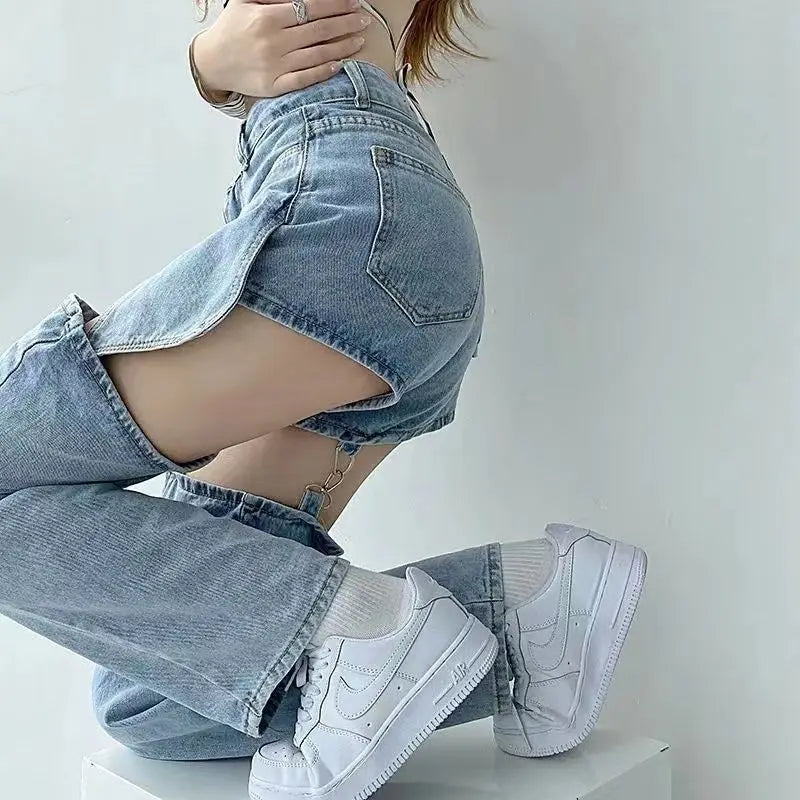 Washed Zipper Fake Ripped Denim Pants