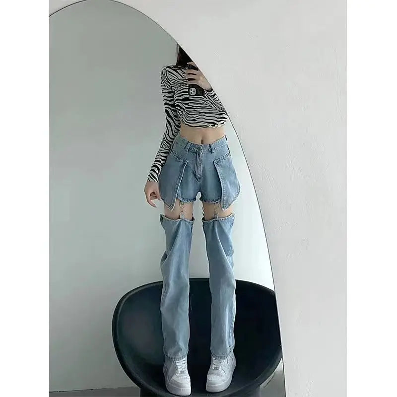 Washed Zipper Fake Ripped Denim Pants