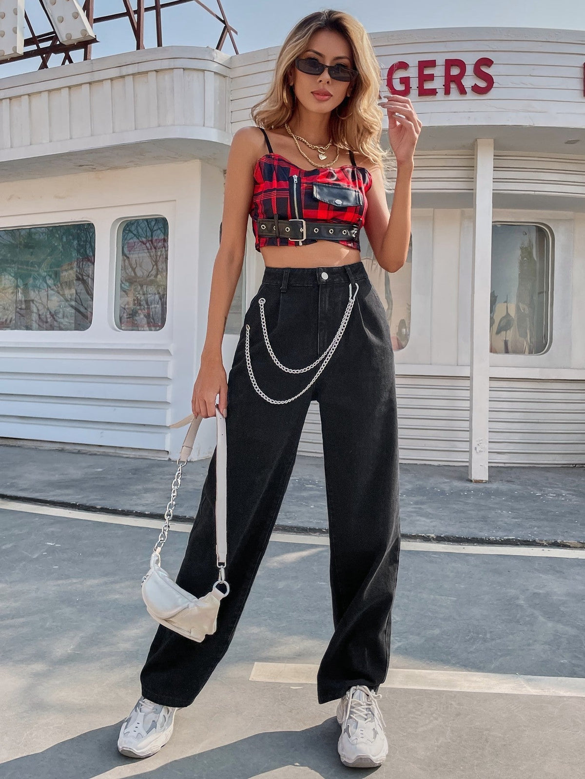 KittenAlarm - High Waist Chain Strap Straight Jeans