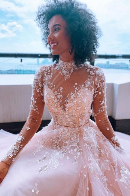 Elegant High neck Lace Long sleeves Wedding Dress with Appliques - Fashionpara