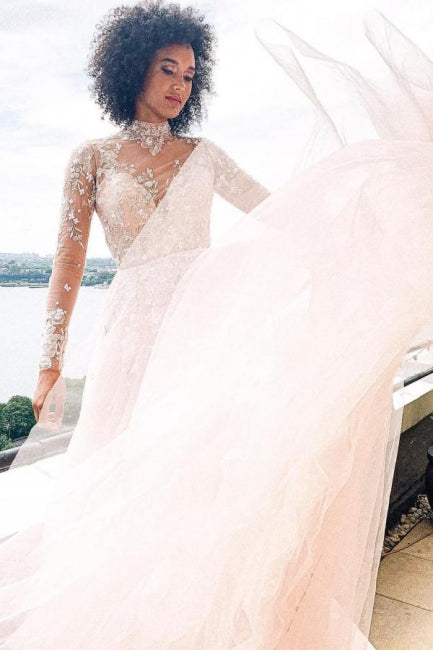 Elegant High neck Lace Long sleeves Wedding Dress with Appliques - Fashionpara