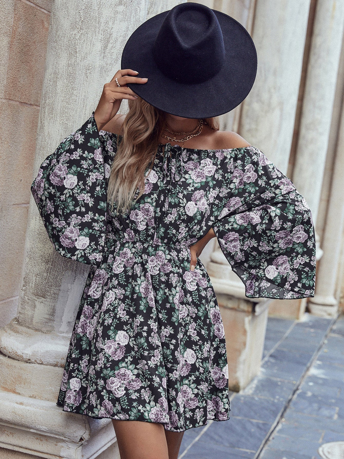 Floral Print Off Shoulder Long Sleeve Mini Dress