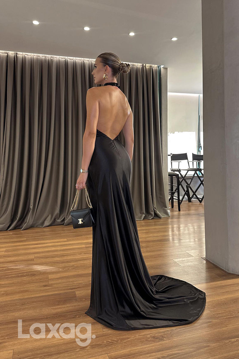 22288 - High Neck Backless Draped Sleek Satin Mermaid Party Prom Formal Evening Dress - Fashionpara