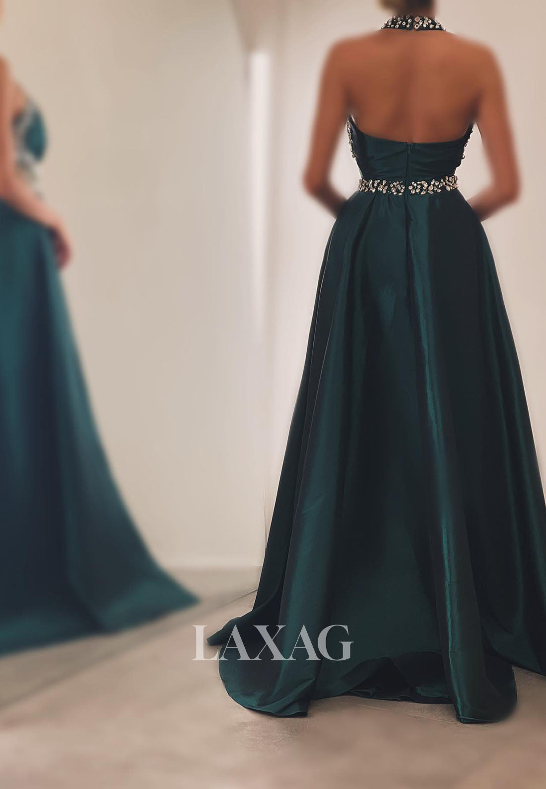 23163 - High Neck Cutout Beaded Backless Sleek Satin High Slit Party Prom Formal Evening Dress - Fashionpara