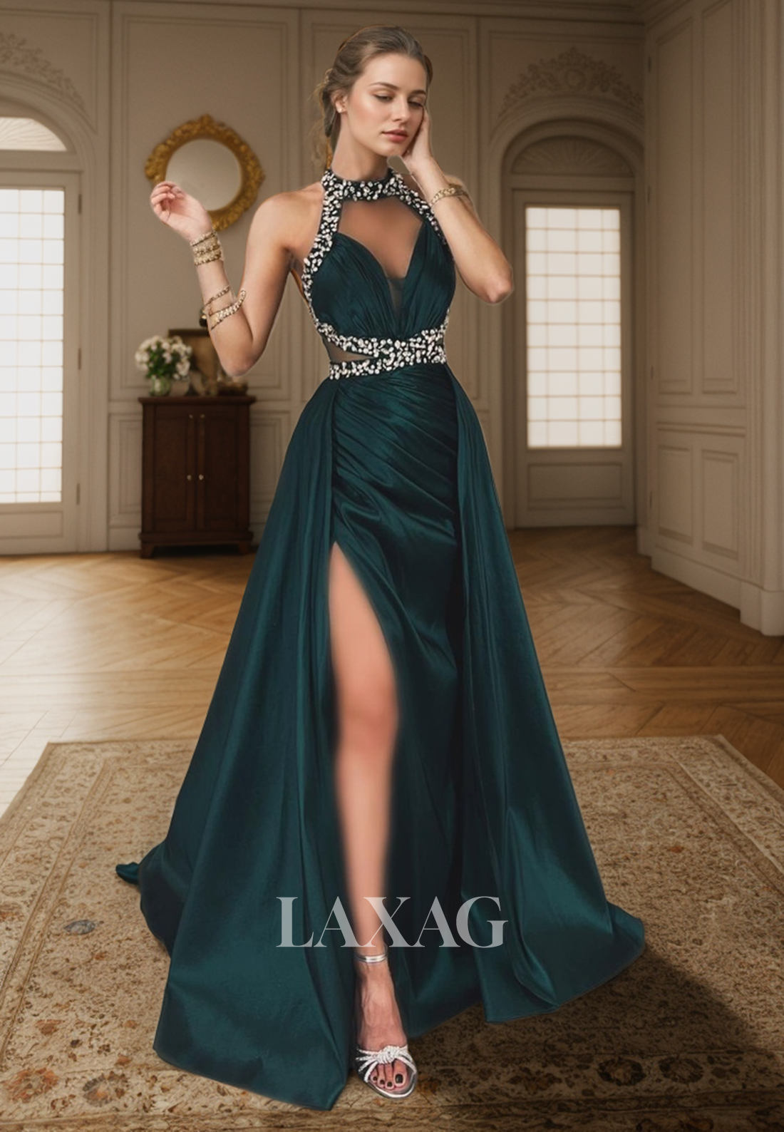 23163 - High Neck Cutout Beaded Backless Sleek Satin High Slit Party Prom Formal Evening Dress - Fashionpara