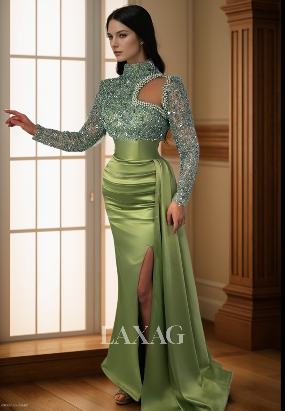 23171 - High Neck Long Sleeves Cutout Pearls Sequins Party Prom Formal Evening Dress with Slit - Fashionpara