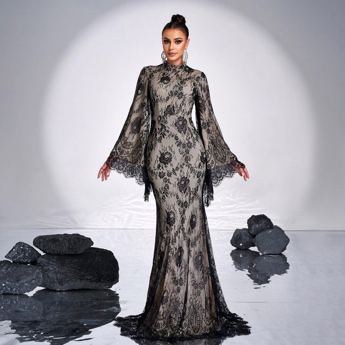 Floral Lace High Neck Bell Sleeve Mermaid Gown