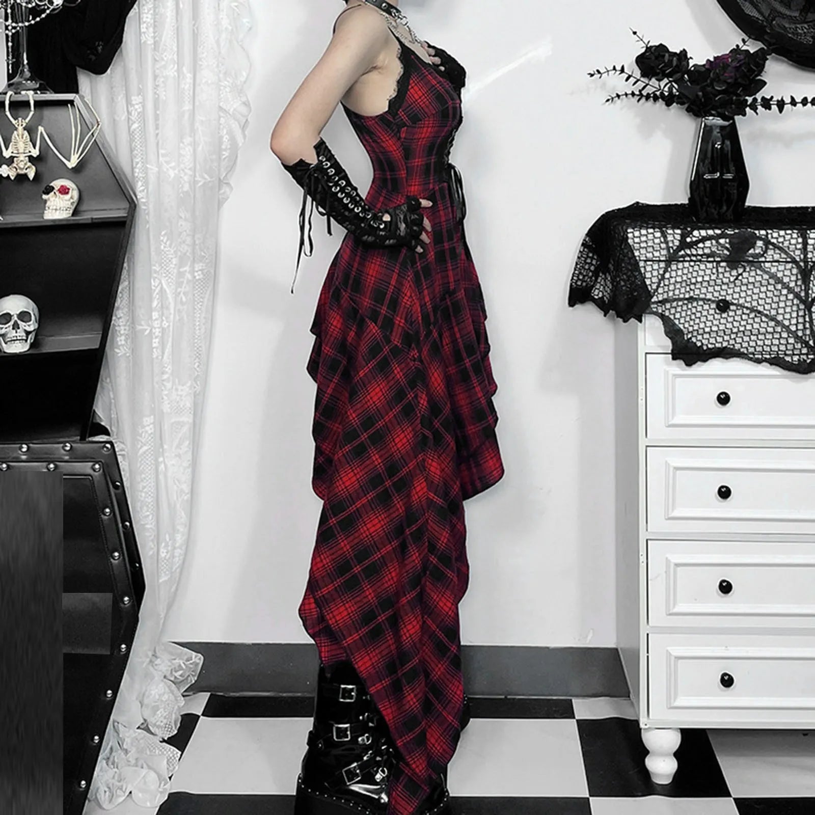 Checkered Suspenders Rebel Rock Midi Dress
