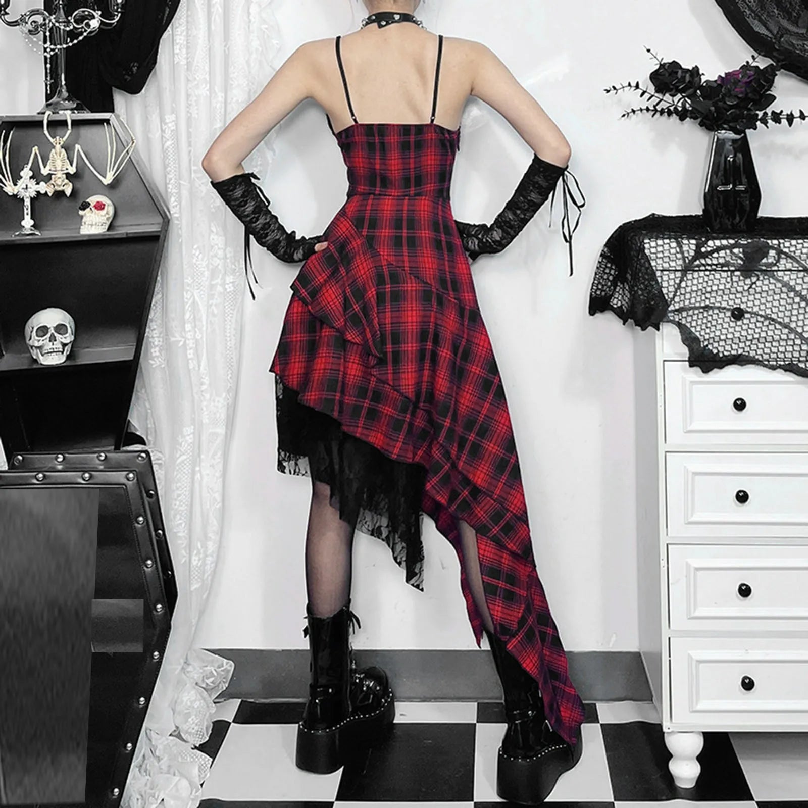 Checkered Suspenders Rebel Rock Midi Dress