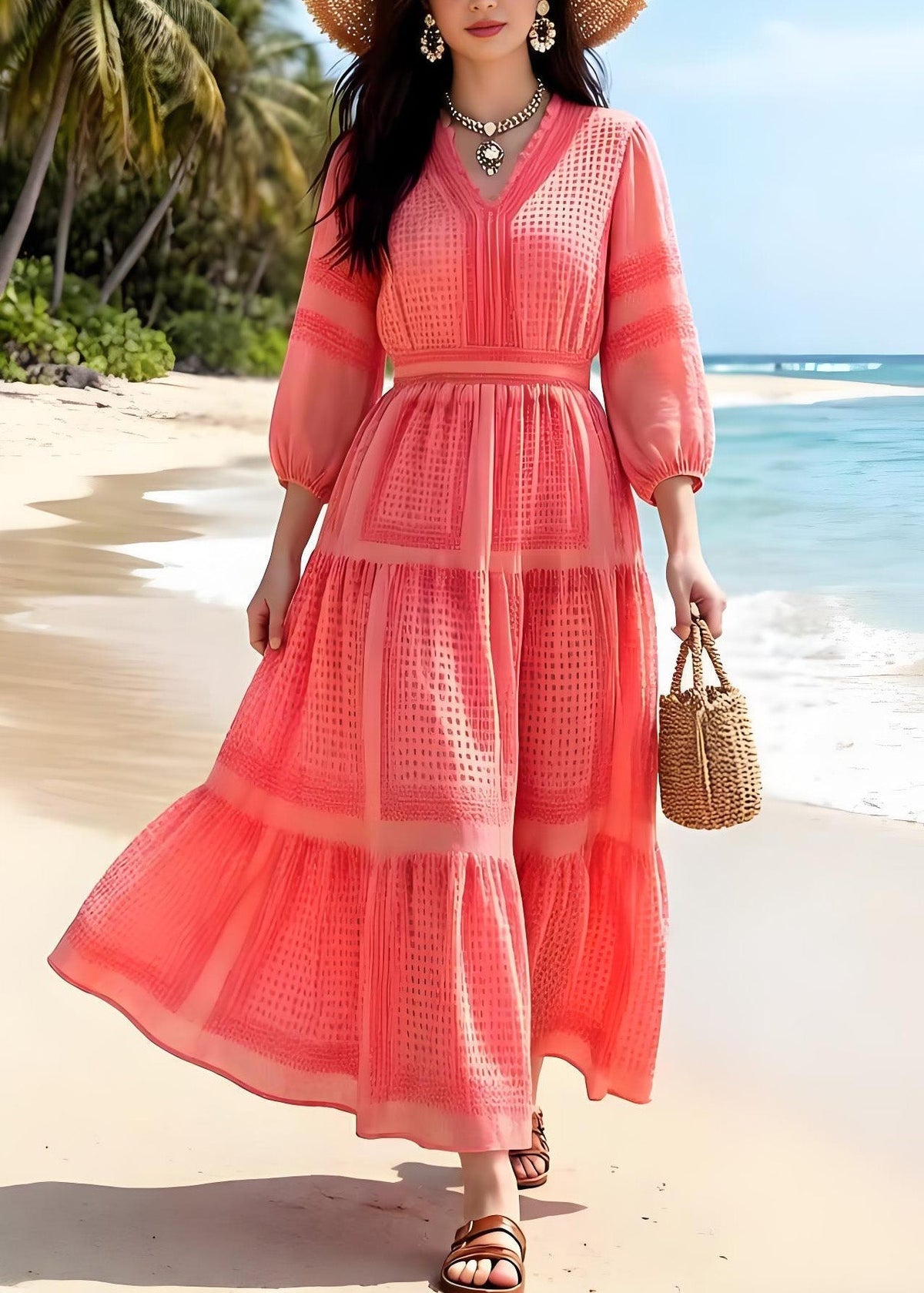 V-Neck Puff Sleeve Pintuck Tiered Chiffon Maxi Dress