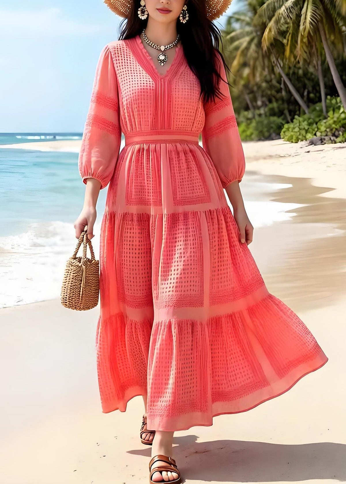 V-Neck Puff Sleeve Pintuck Tiered Chiffon Maxi Dress - View 3
